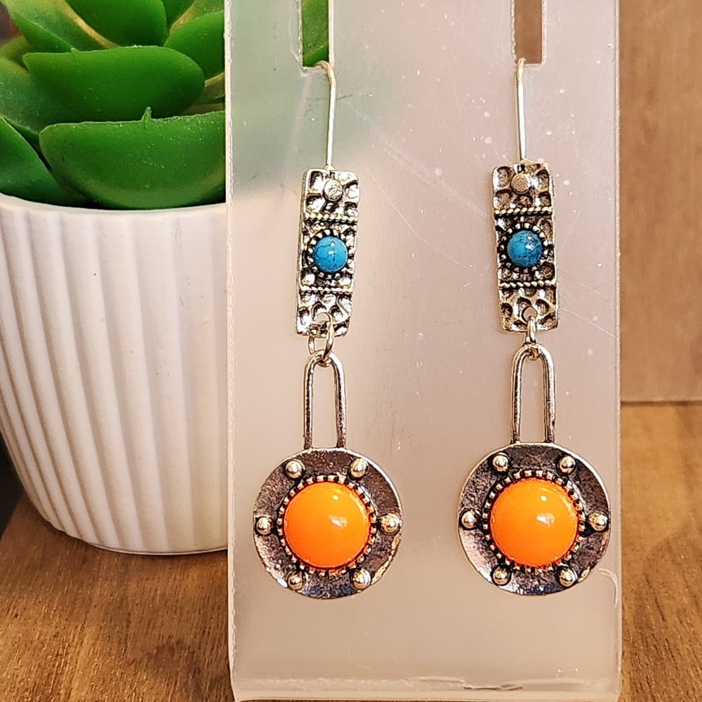 Silver Tone Orange Turquoise Geometric Drop Earrings Southwestern Boho 2.25"